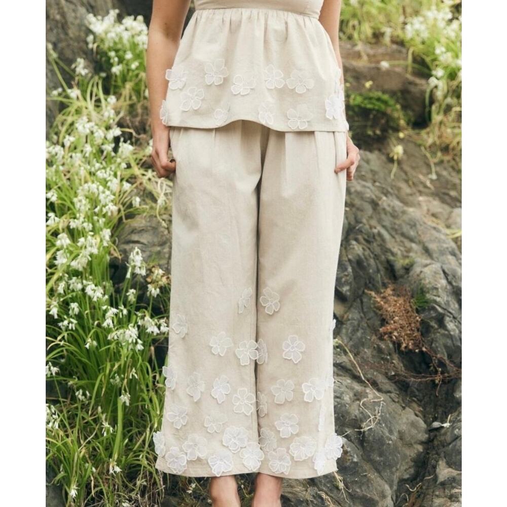 EDDY Kirby Pants Beige 100% Cotton Floral Applique Wide Leg Size M $178
